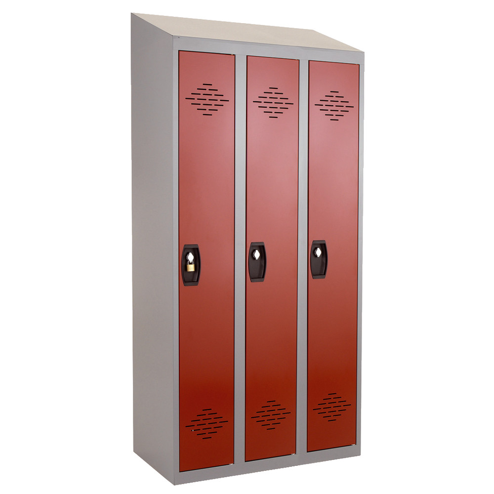 Vestiaires monobloc Confort Industrie propre 3 cases, toit incliné, gris / rouge