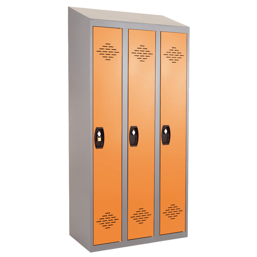 Vestiaires monobloc Confort Industrie propre 3 cases, toit incliné, gris / orange