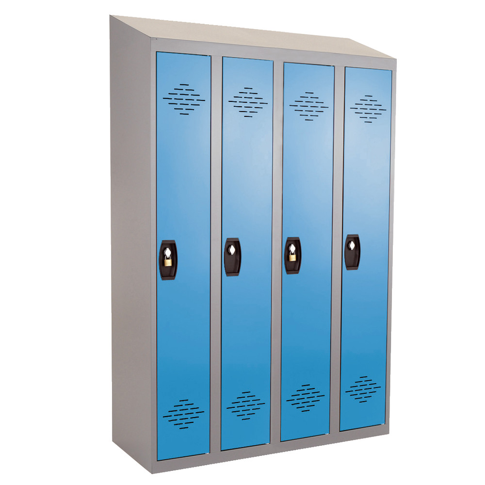 Vestiaires monobloc Confort Industrie propre 4 cases, toit incliné, gris / bleu