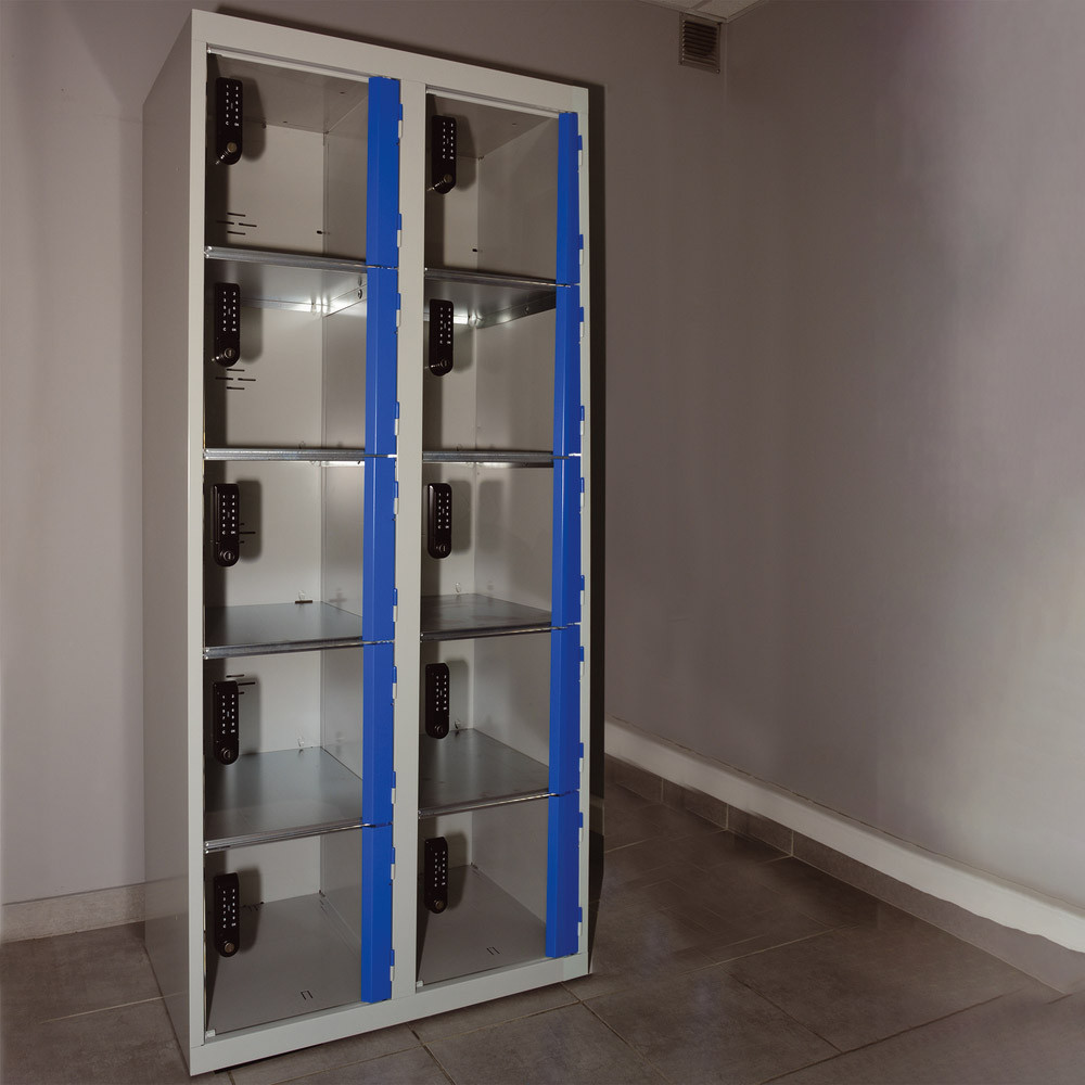 Vestiaire 2 colonnes 5 cases gris/ bleu portes plexi à serrure E10 à code électronique