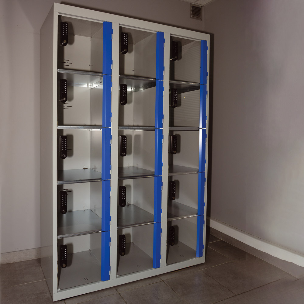 Vestiaire 3 x 5 cases gris/ bleu portes plexi à serrure E10 à code électronique