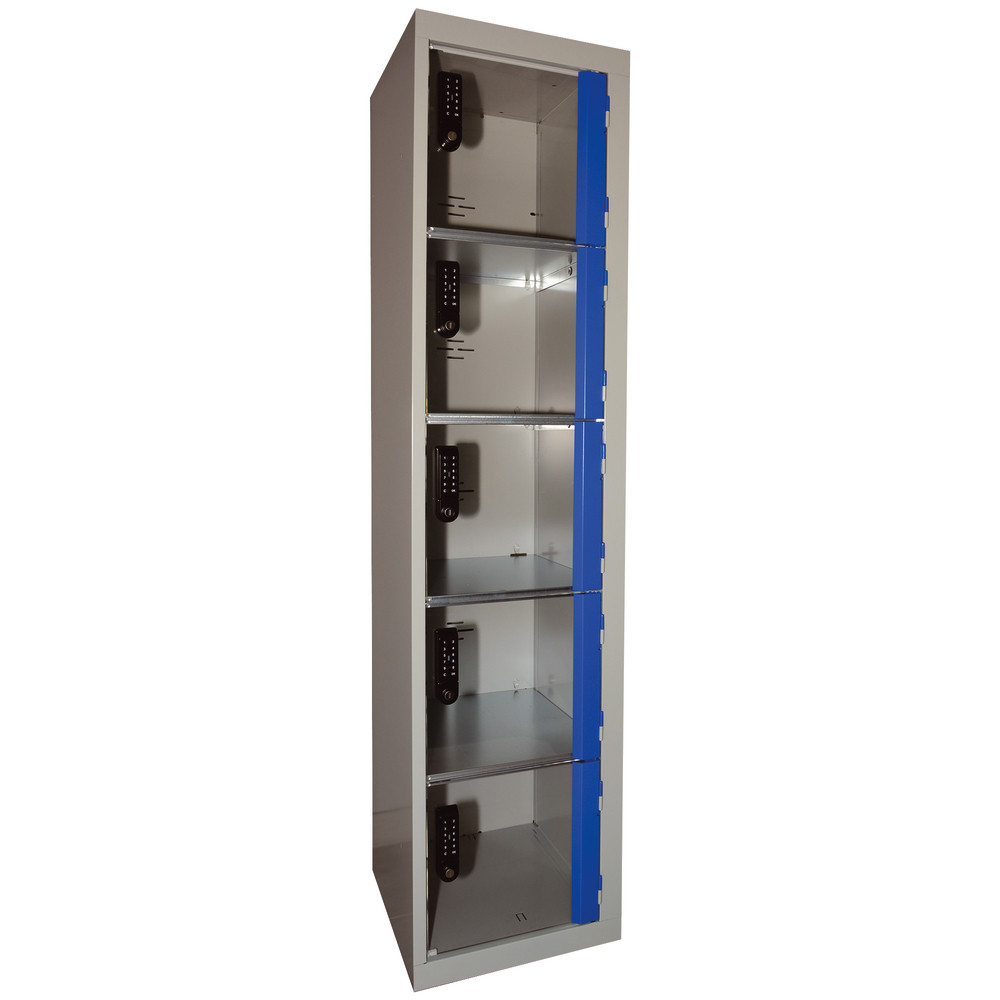 Casier consigne 1 colonne 5 cases gris/ bleu portes plexi à serrure E10 à code électronique