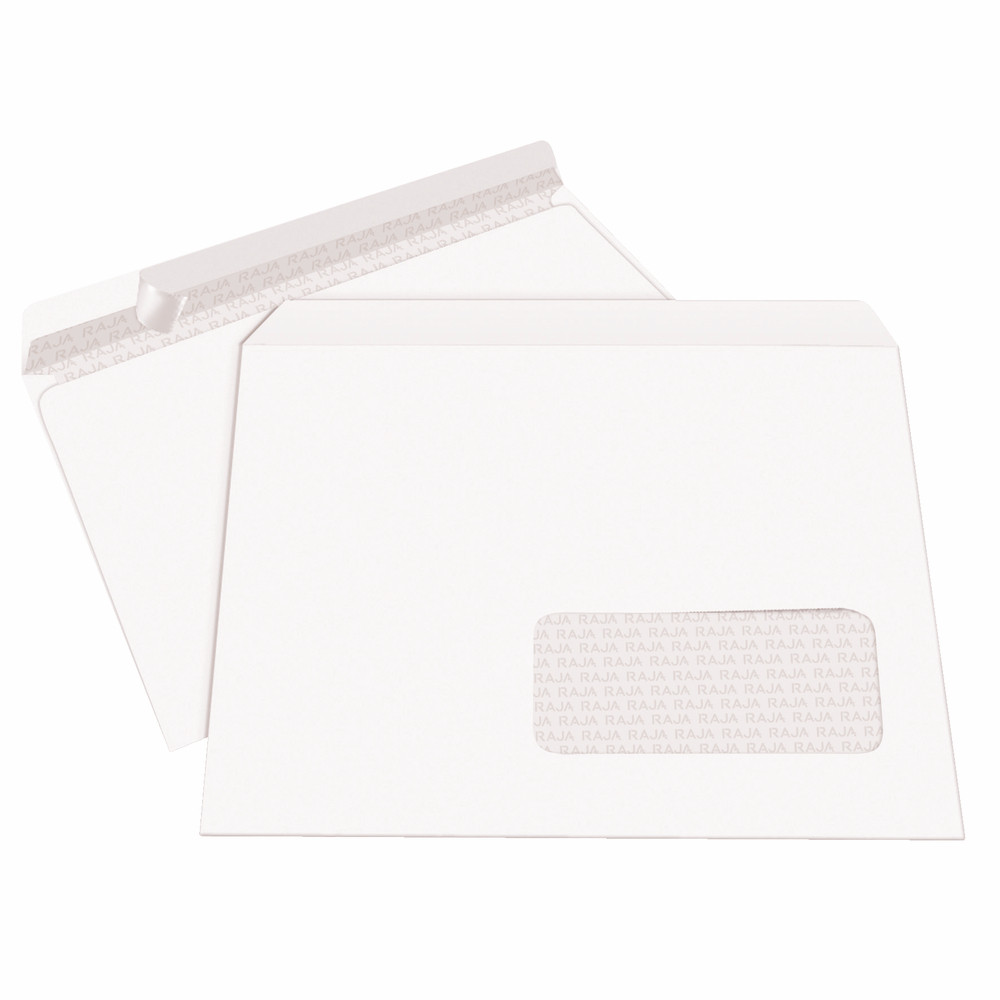 500 enveloppes blanches Raja, 90G, bande auto-adhésive, avec fenêtre, 162x229