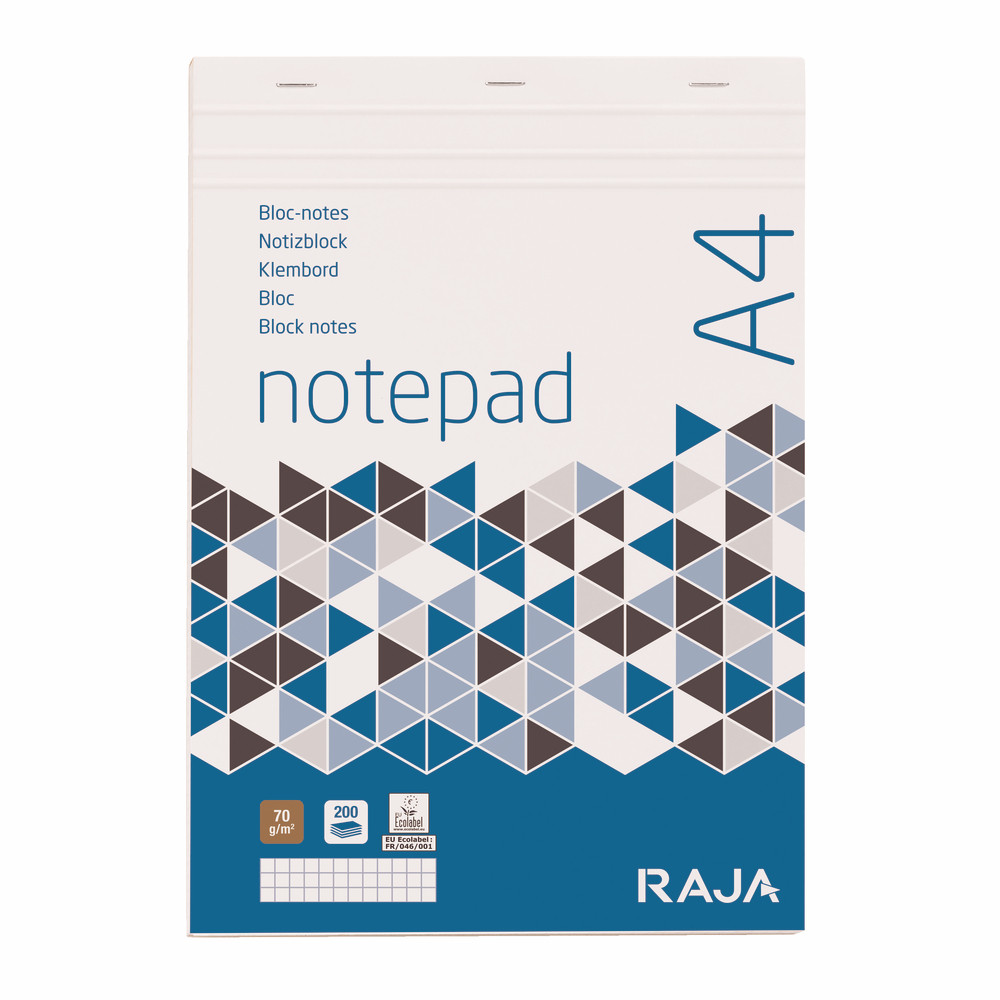 Bloc-notes 100 feuilles non perforées Raja, format A4 (21x29,7cm), 70 g/m², petits carreaux 5x5