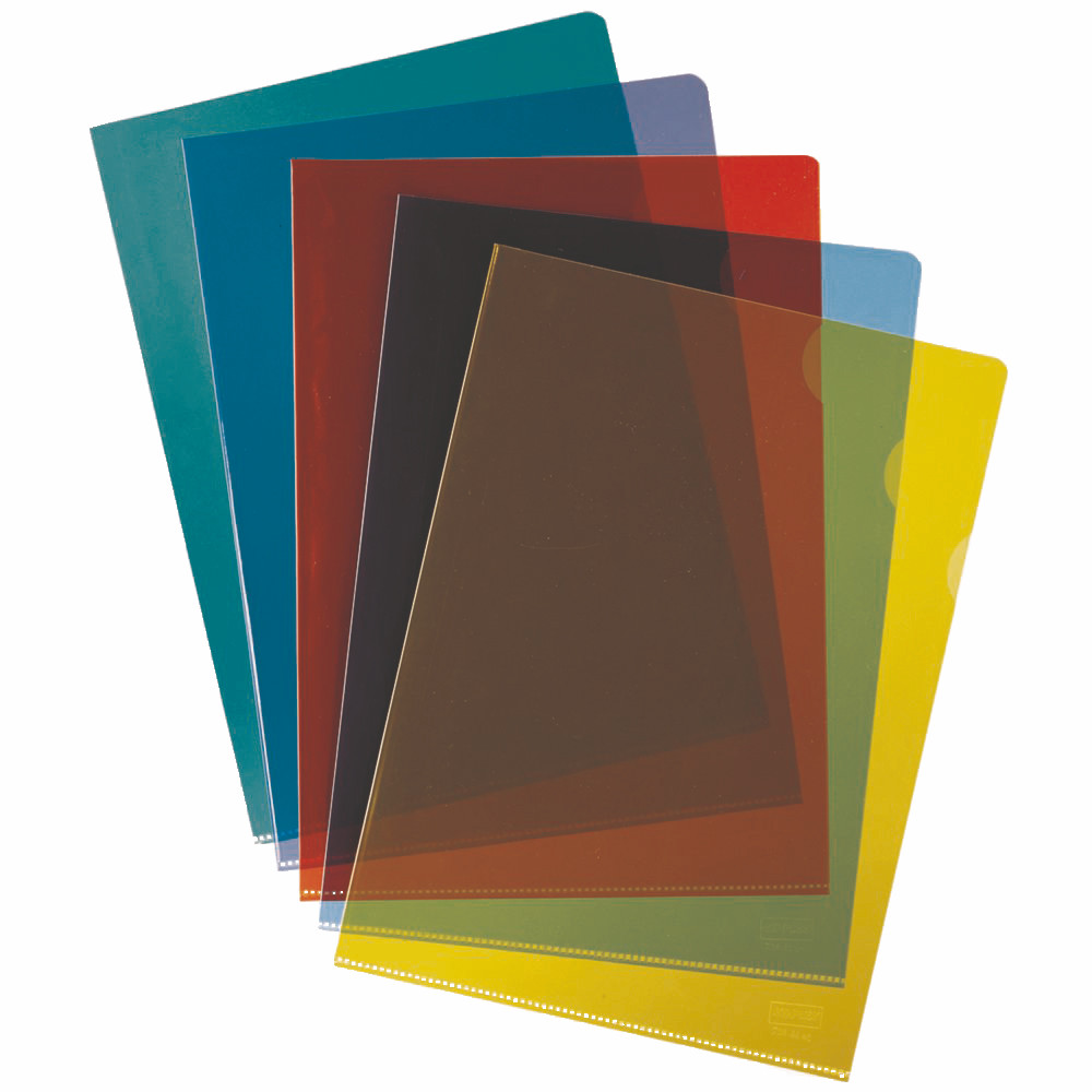 100 pochettes coin Raja, A4, 15/100e, PVC, lisses, coloris assortis