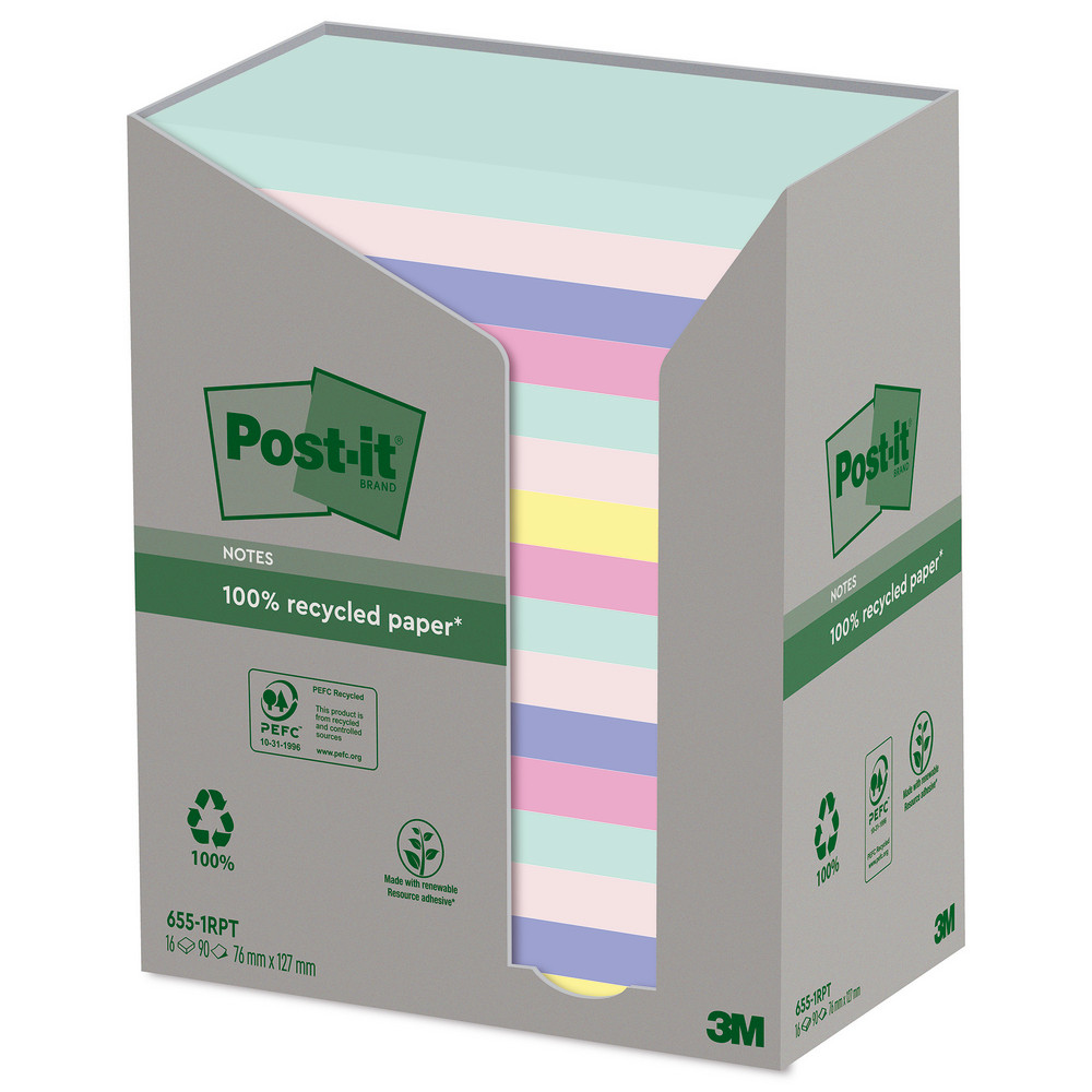 Notes repositionnables recyclées Collection Nature Post-it, 16 blocs 76 x 127 mm