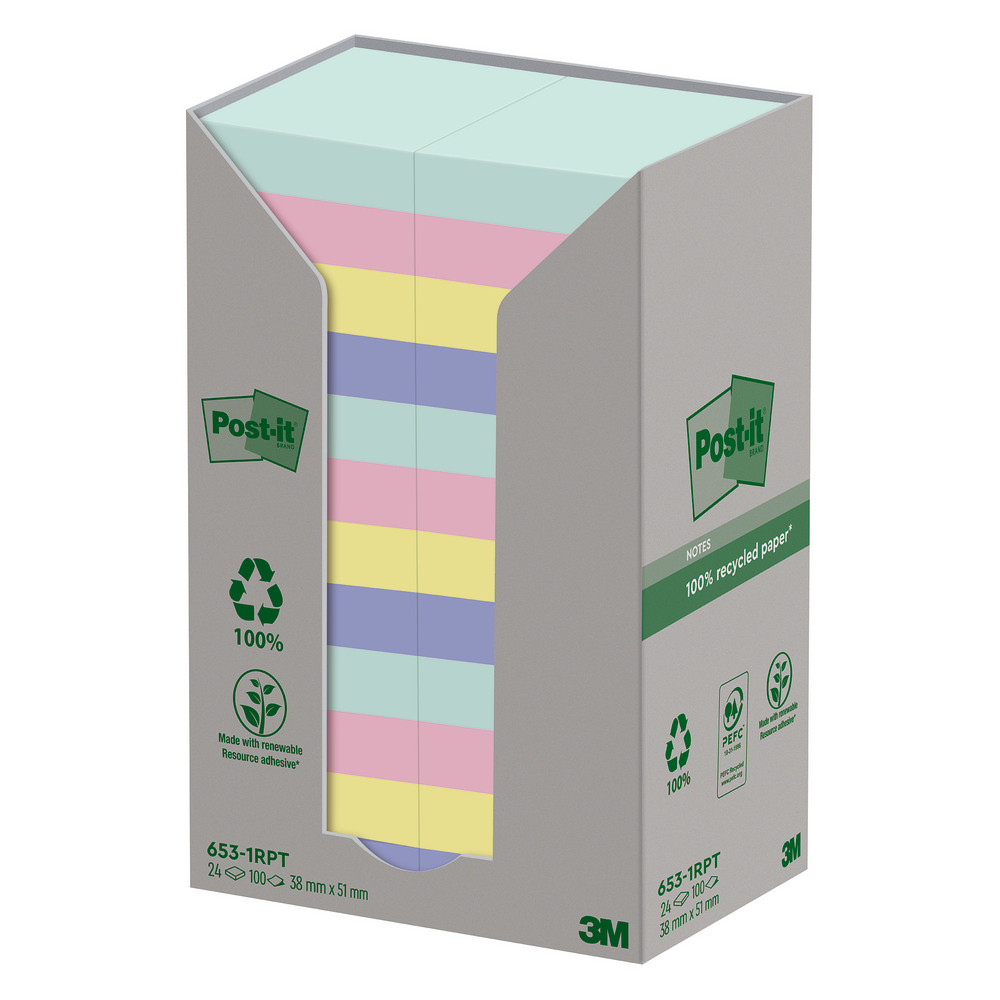 Notes repositionnables recyclées Collection Nature Post-it, 24 blocs 38 x 51 mm