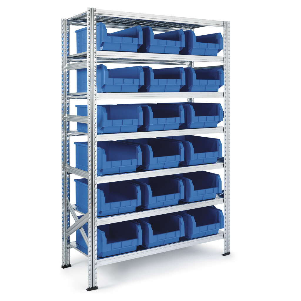 Rayonnage galvanisé avec 18 bacs de 28 l
