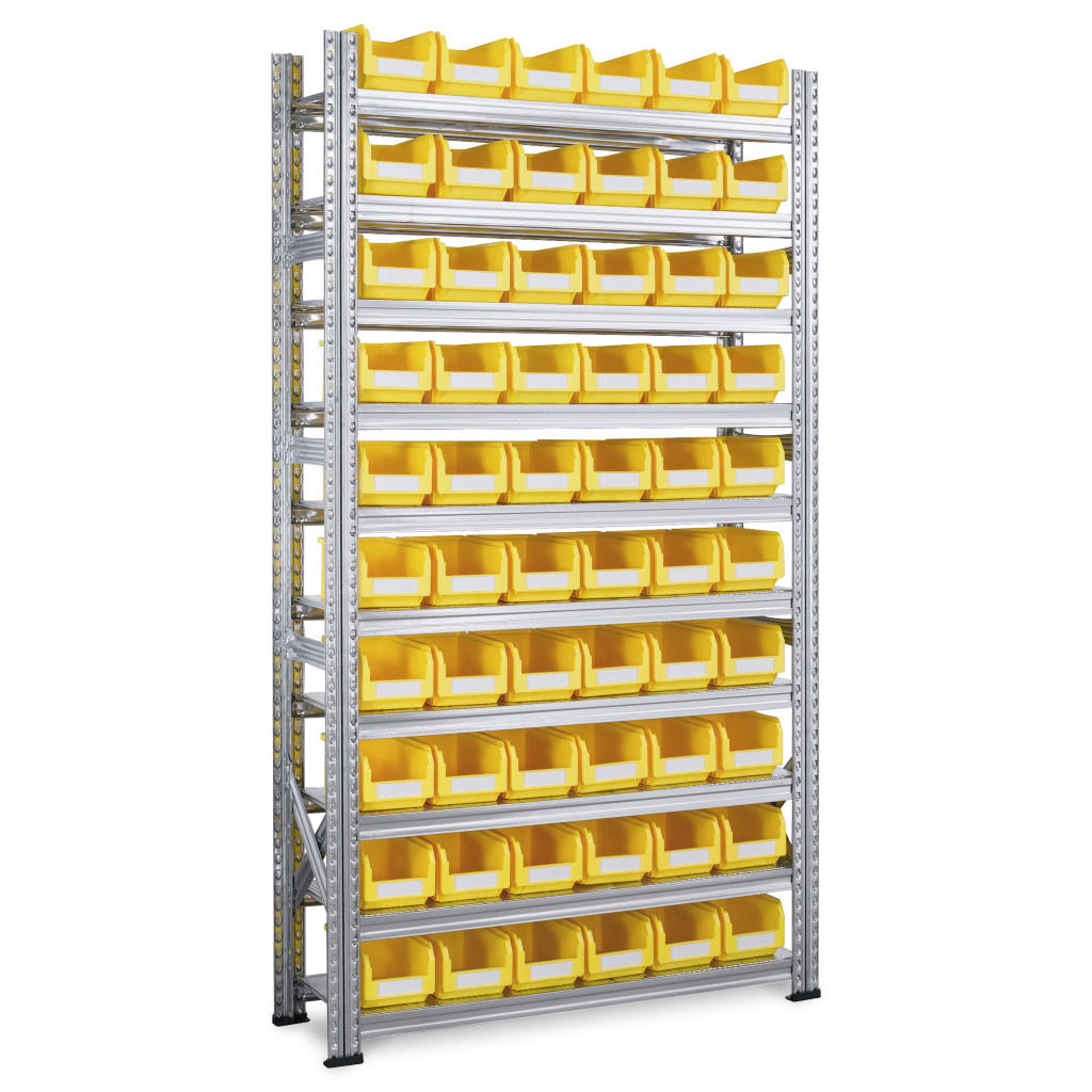 Rayonnage galvanisé avec 60 bacs de 3,8 l
