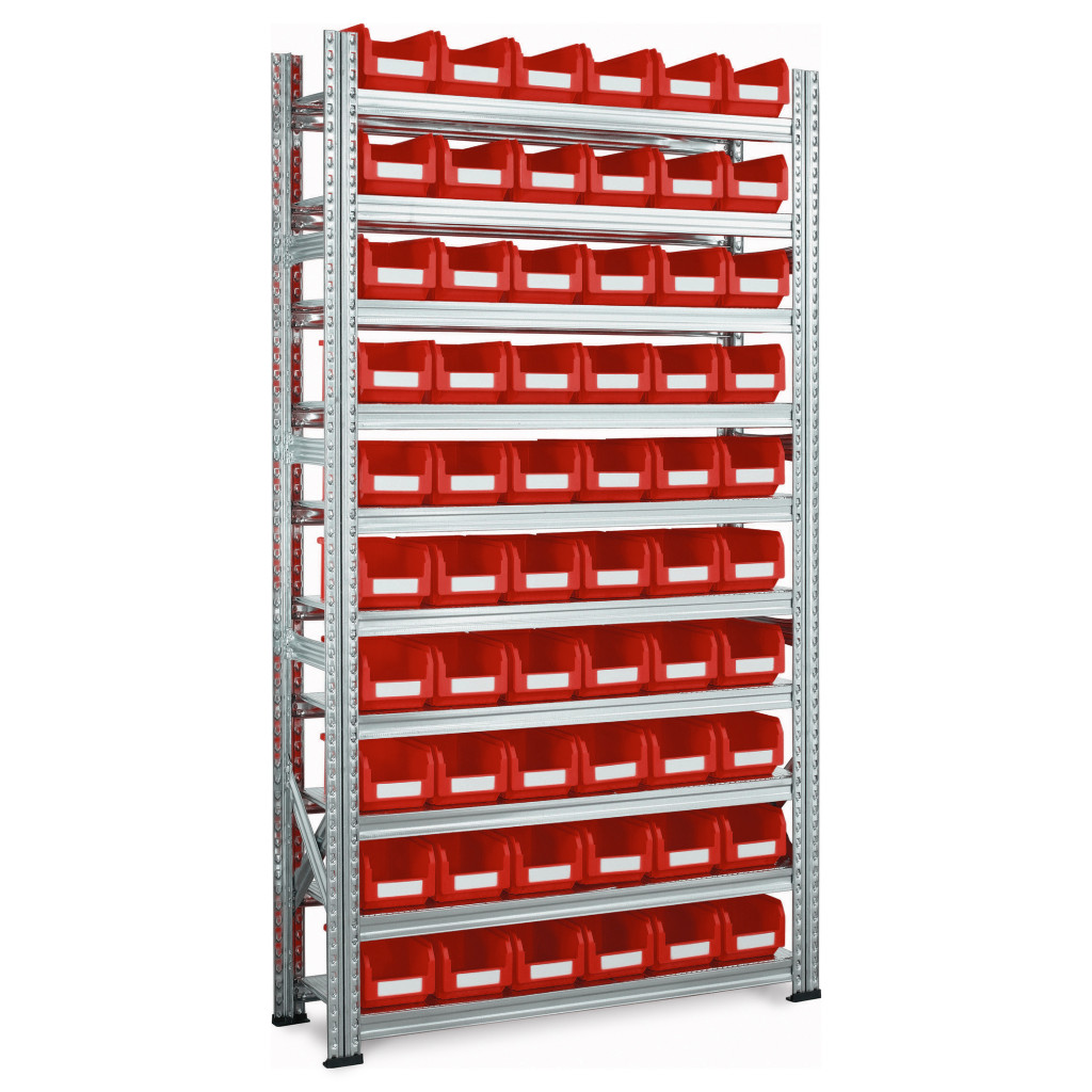 Red louvred plastic storage bins