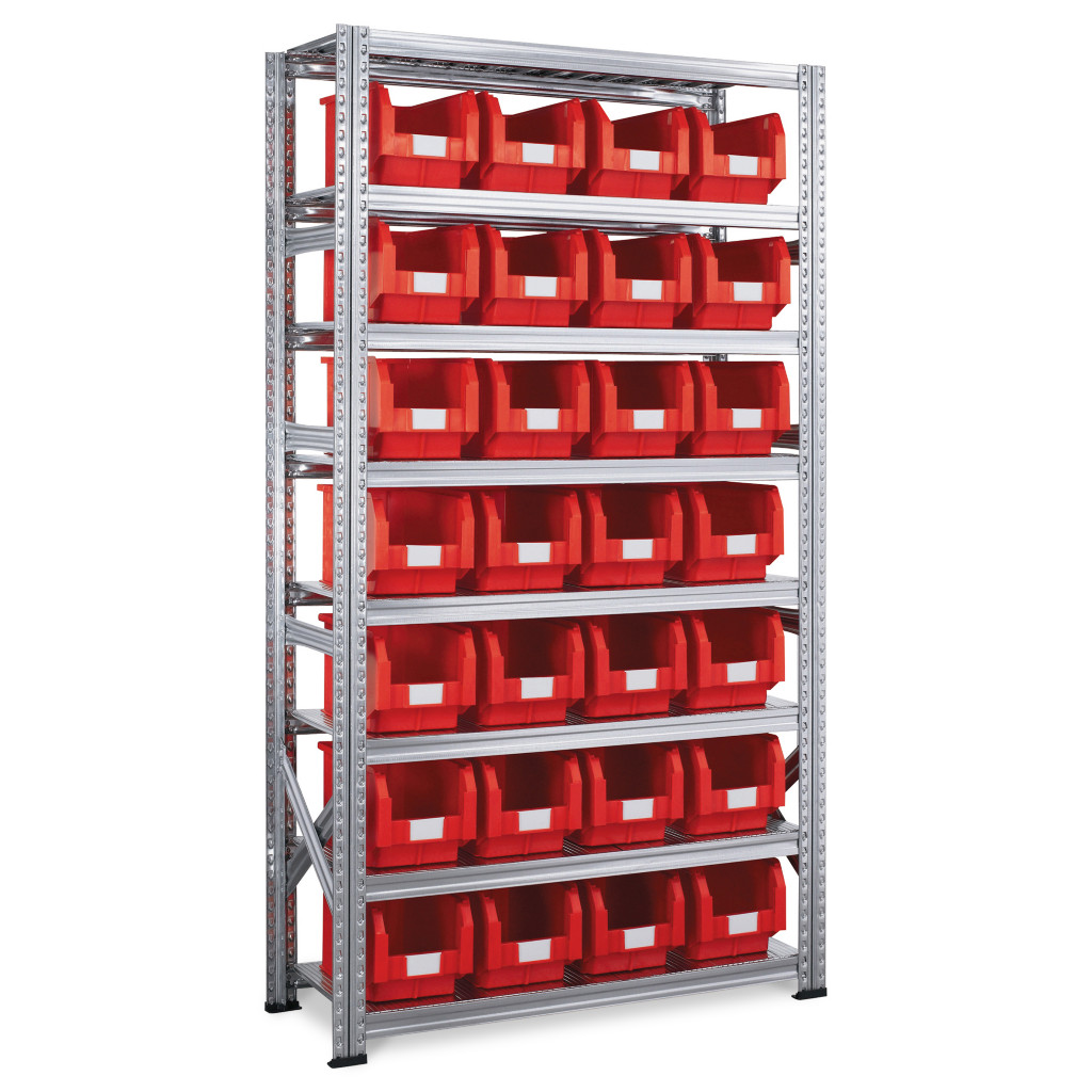 Red louvred plastic storage bins