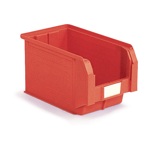 Red louvred plastic storage bins