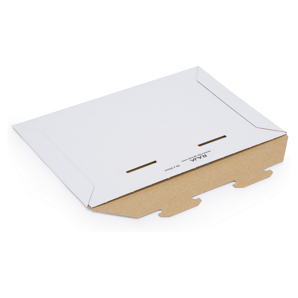 Pochette Rajamail blanche en carton avec fermeture par languettes de blocage