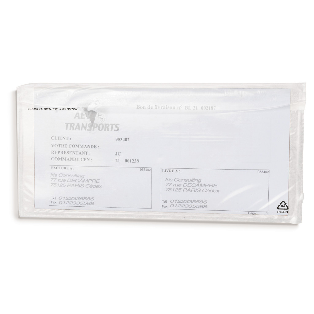 Pochette porte-documents adhésives transparente avec fermeture repositionnable