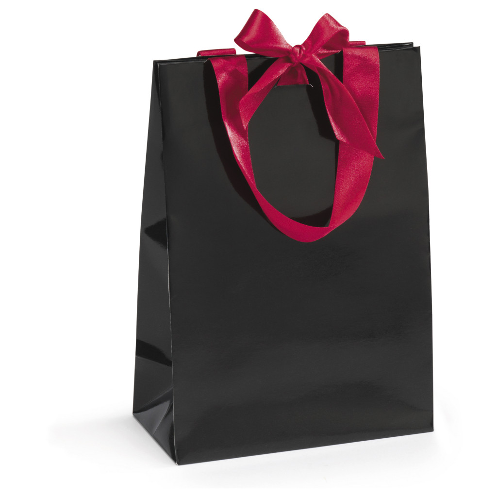 Bolsa de papel charol con asas y lazos de satén