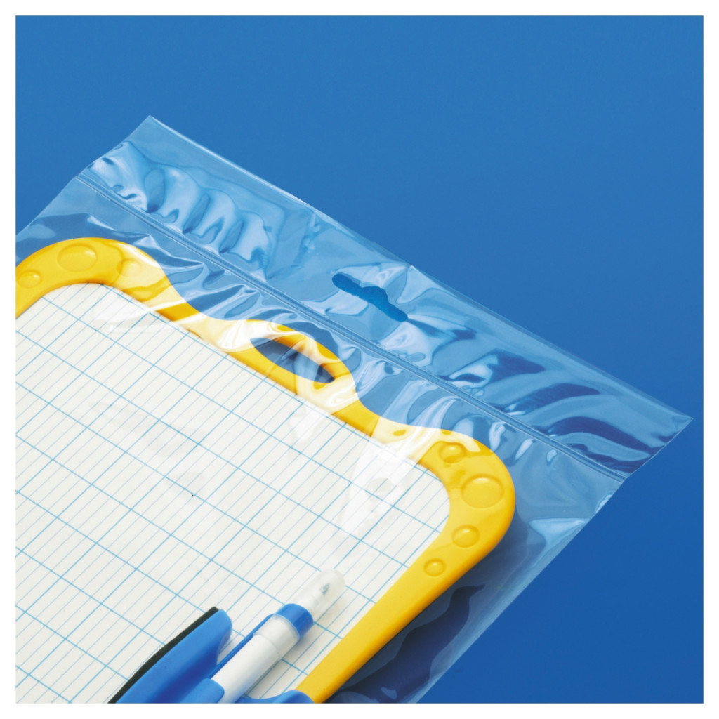 Sachet plastique haute brillance à trou de suspension européen et à fermeture adhésive 60 microns
