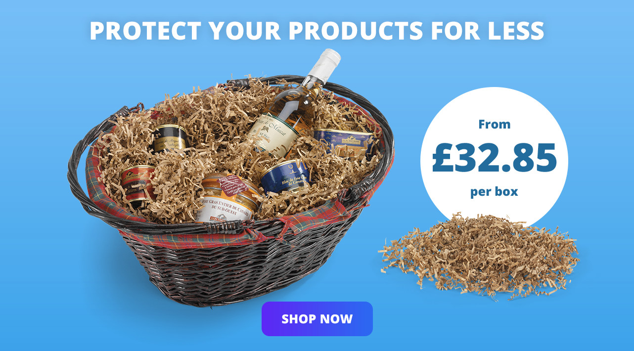 A variety of boxes with paper shred inside on a blue backgorund. The text above reads 