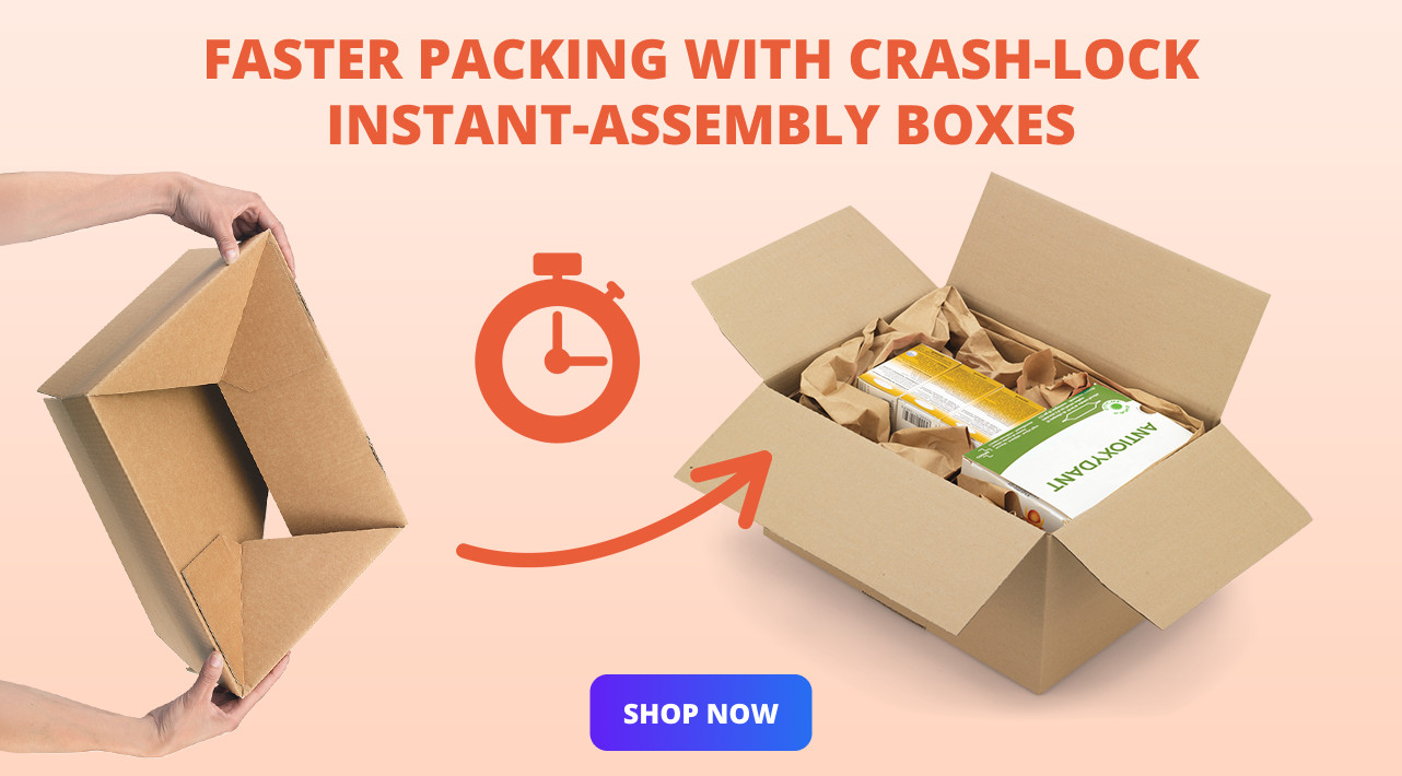 An image of two open cardboard boxes against a peach background, showing the process of assembling a cras-lock box. The left shows empty hands assembling a box. The right shows a packed box with brown paper. A stopwatch icon and arrow indicate quick assembly. Bold text states: ‘Faster packing with Crash-Lock instant-assembly boxes’, and a button below reading ‘SHOP NOW’. 