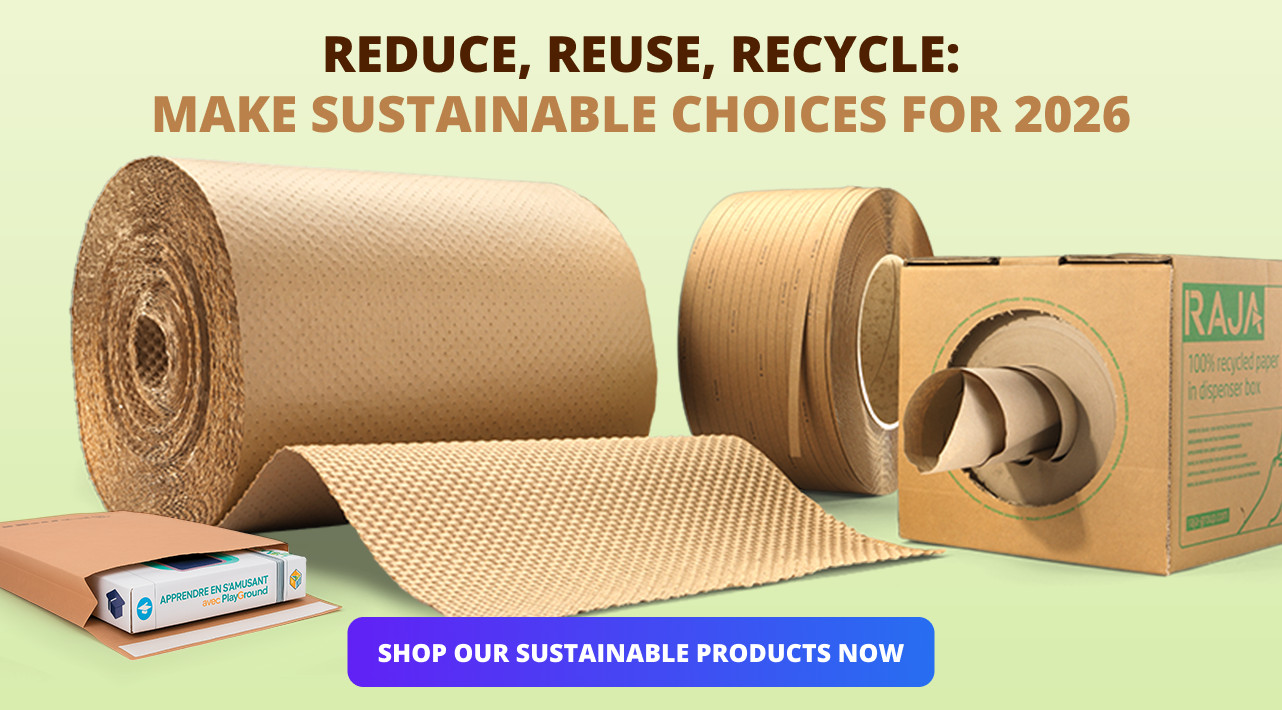 Various packaging materials, including rolls and a box, are displayed with a green background. Text above reads 'Reduce, Reuse, Recycle: Make Sustainable Choices for 2026’. A purple button below says 'Shop our sustainable products now.' The image conveys sustainability and eco-friendly packaging choices. 