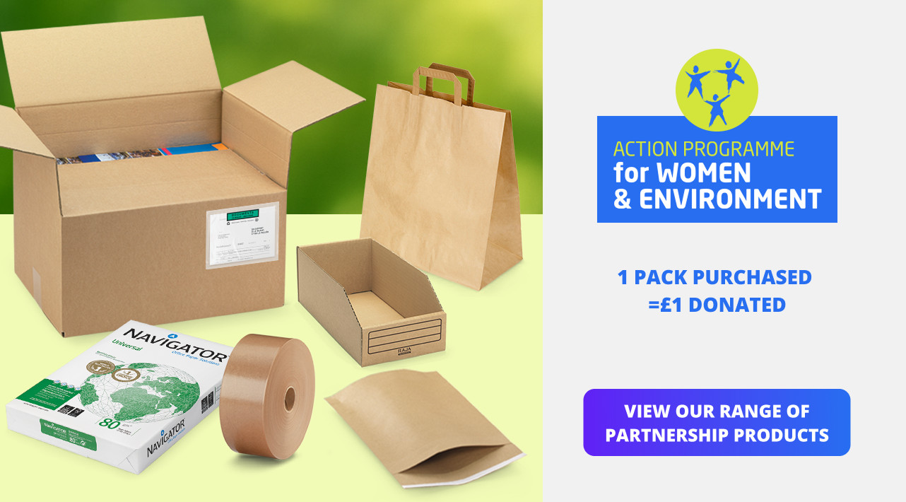 Open cardboard boxes and eco-friendly packaging items are displayed on a green background. The text promotes a program supporting women and the environment, and states that for every 1 pack purchased, £1 is donated. 