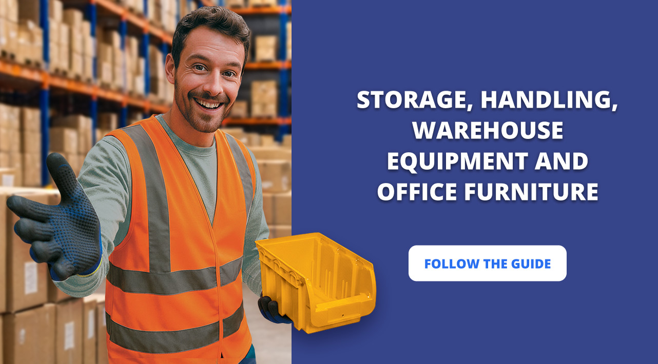 Smiling man in an orange safety vest holding a yellow bin in a warehouse aisle. Text promotes warehouse and office equipment. Button reads: 
