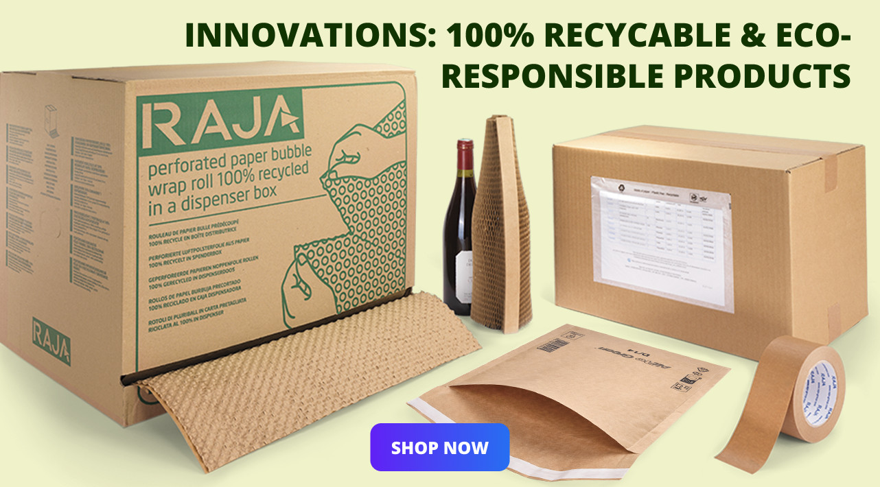 Recyclable cardboard packaging products displayed, including boxes, bubble wrap, and tape. Green text promotes eco-friendly innovation. Button reads 