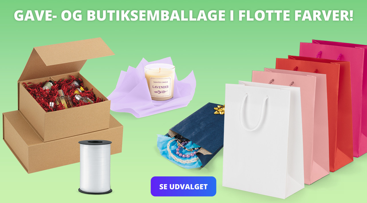 GAVE- OG BUTIKSEMBALLAGE I FLOTTE FARVER!