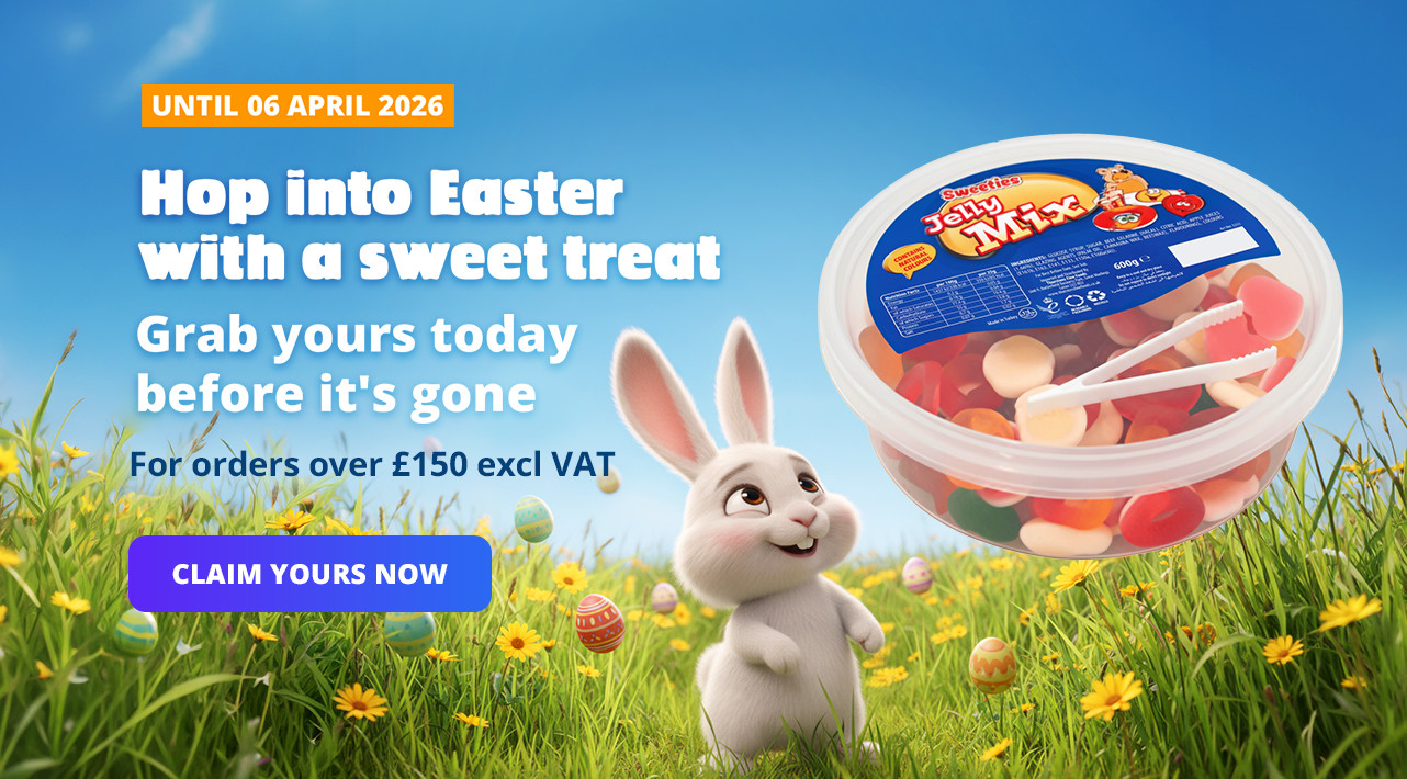 A joyful cartoon bunny in a grassy field with colorful eggs. A box of sweets and text reading 