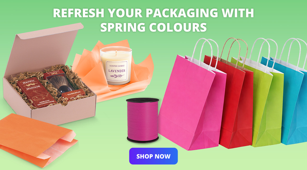 Green background with a gift box, an assortment of colourful packaging, and gift bags. The text reads, “Refresh your packaging with spring colours,” accompanied by a blue button that states, “shop now.” 