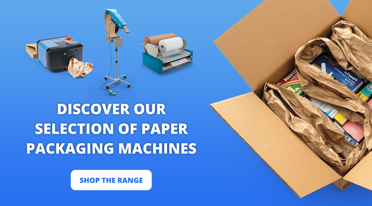 Paper packaging machines and an open box with paper-wrapped items are displayed on a blue background with the text: “Discover our selection of paper packaging machines. Shop the range.”.