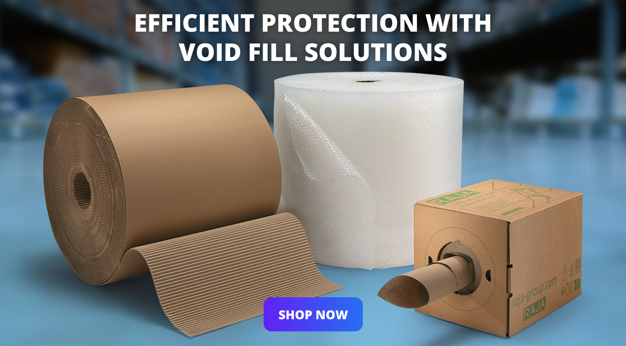 Three types of packing materials, corrugated cardboard, bubble wrap and paper roll in a dispenser, are displayed against a blurred background.