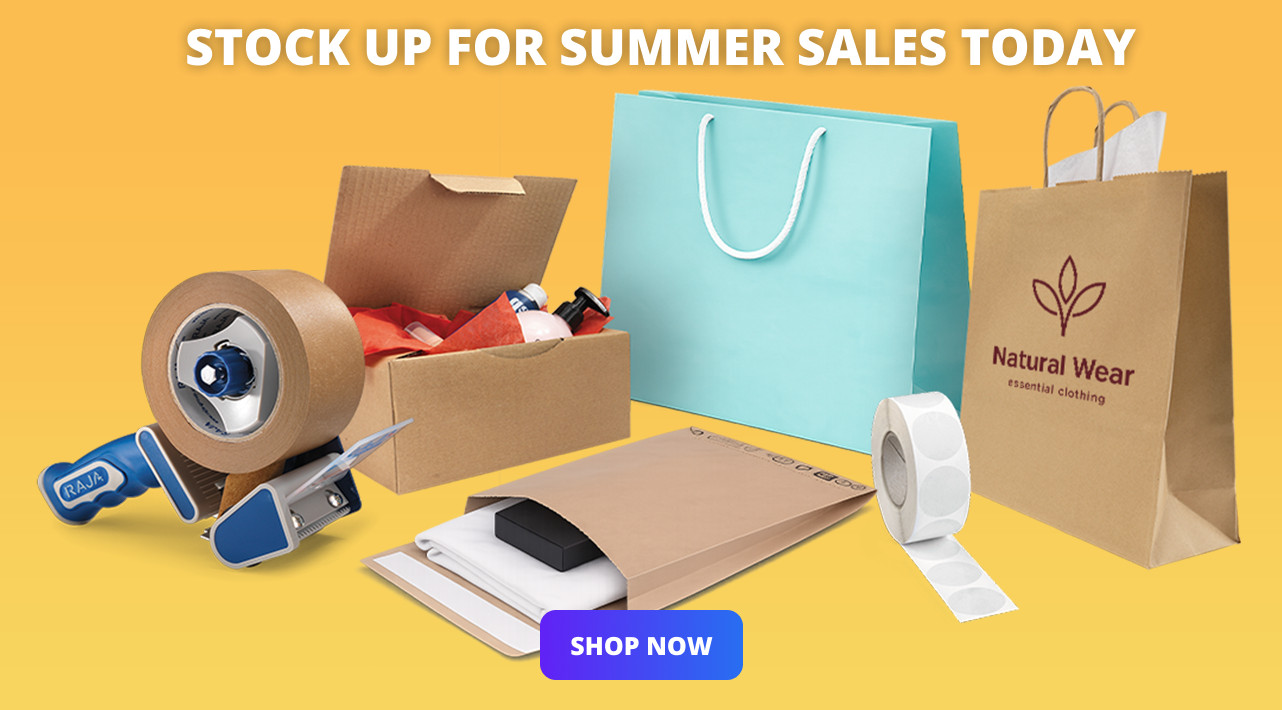 Packaging supplies for summer sales, showcasing products including boxes, bags, tape, and labels. Background features a bright orange gradient.