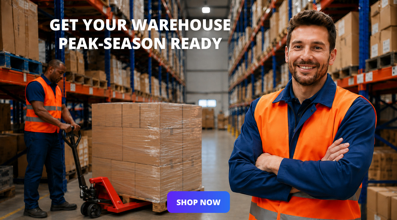 Two warehouse workers in high-visibility vests in a warehouse, one operating a pallet truck loaded with shrink-wrapped boxes. Text: 