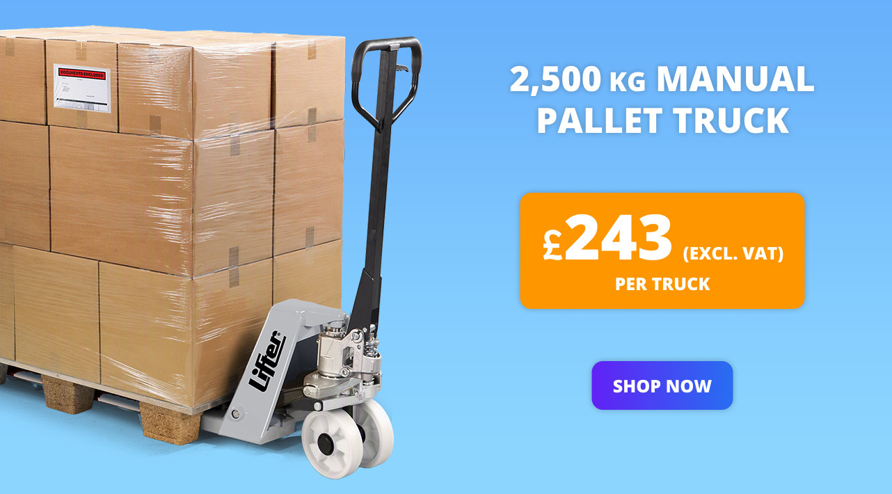 RAJA 2500 kg manual pallet truck lifting a shrink-wrapped pallet of boxes, from £243 excl. VAT