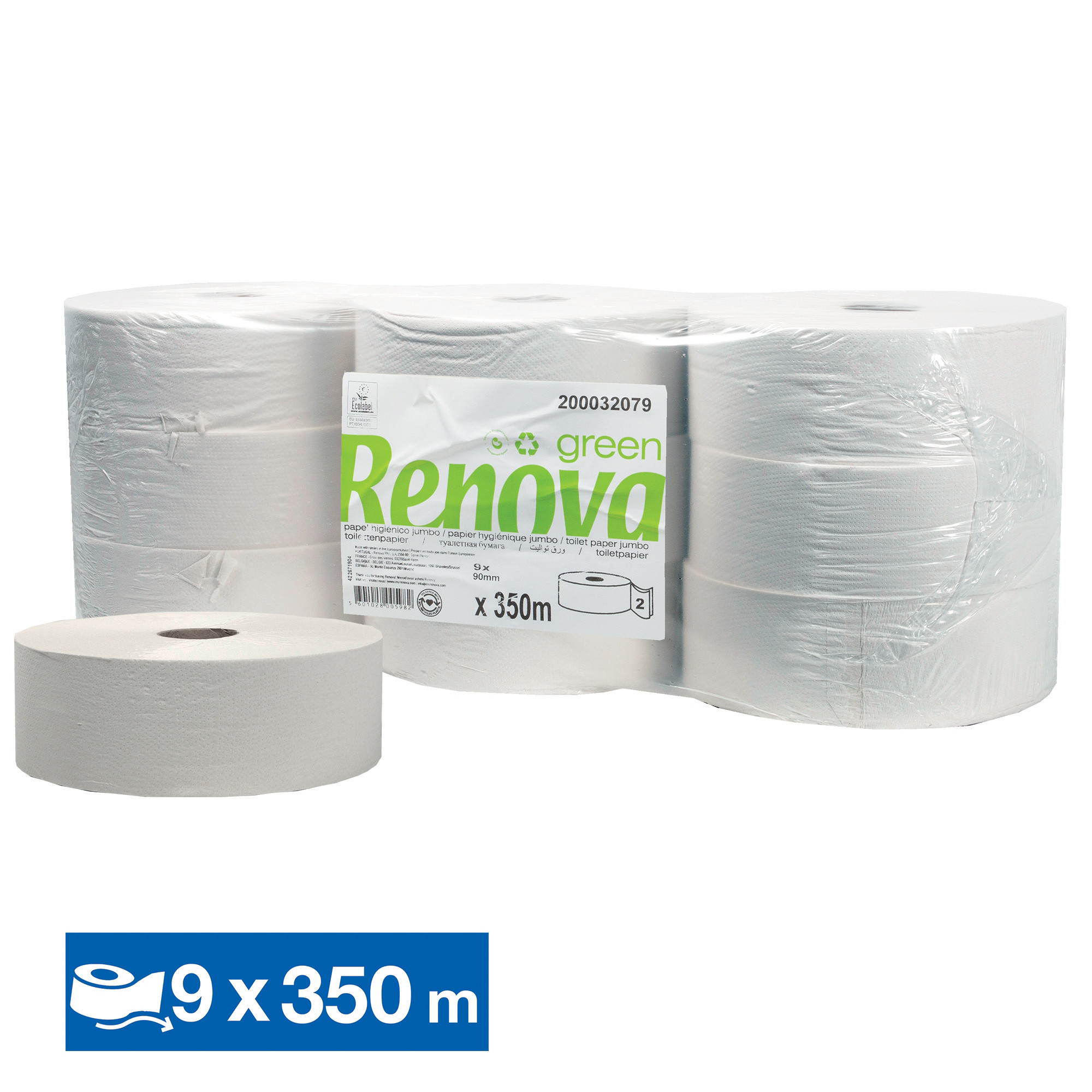 Papier toilette Jumbo Renova 2 épaisseurs, lot de 9 maxi bobines