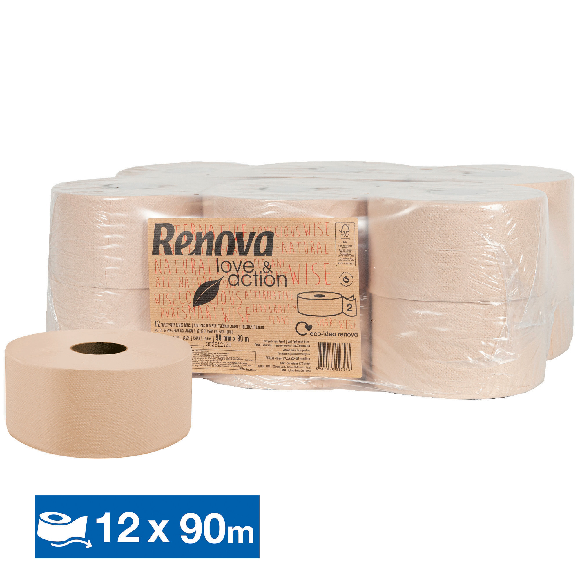 Papier toilette mini jumbo Renova Love & Action, lot de 12