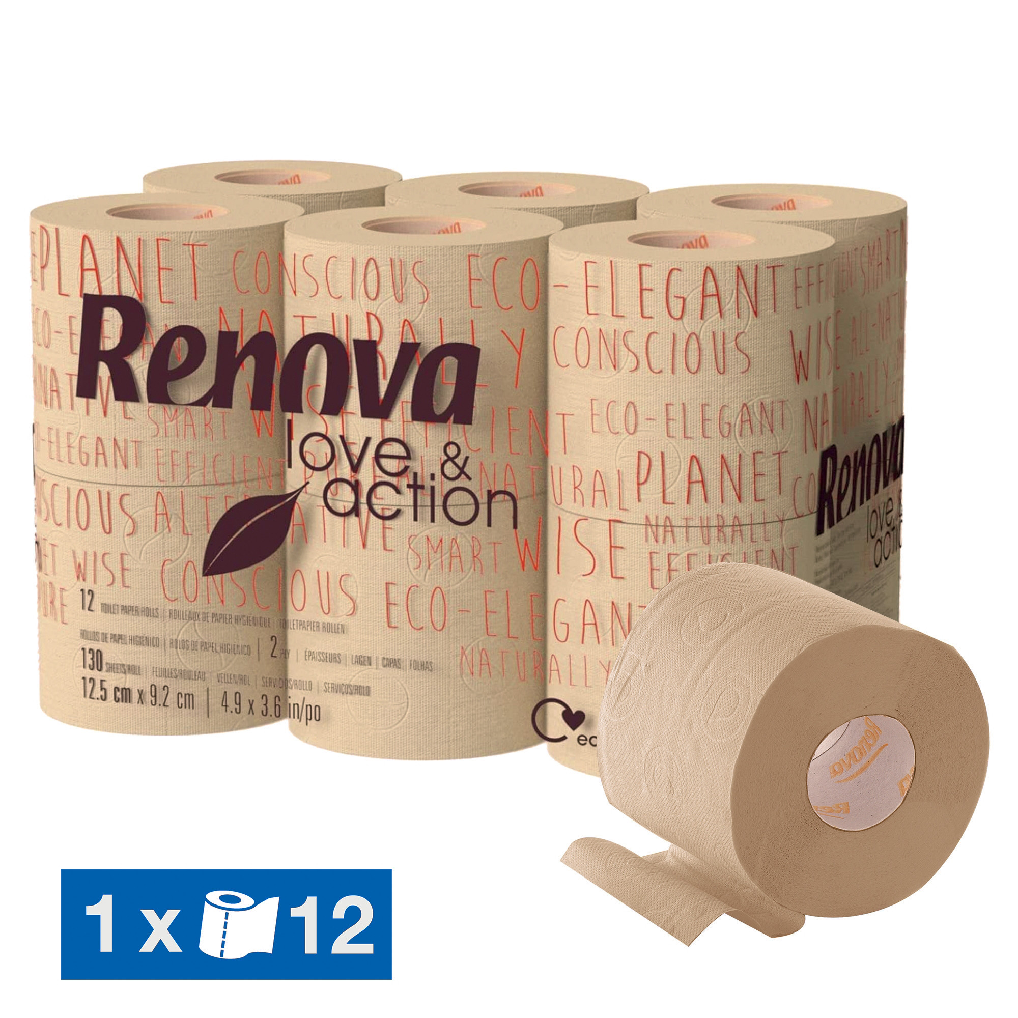 Papier toilette Renova Love & Action 2 épaisseurs, lot de 12 rouleaux
