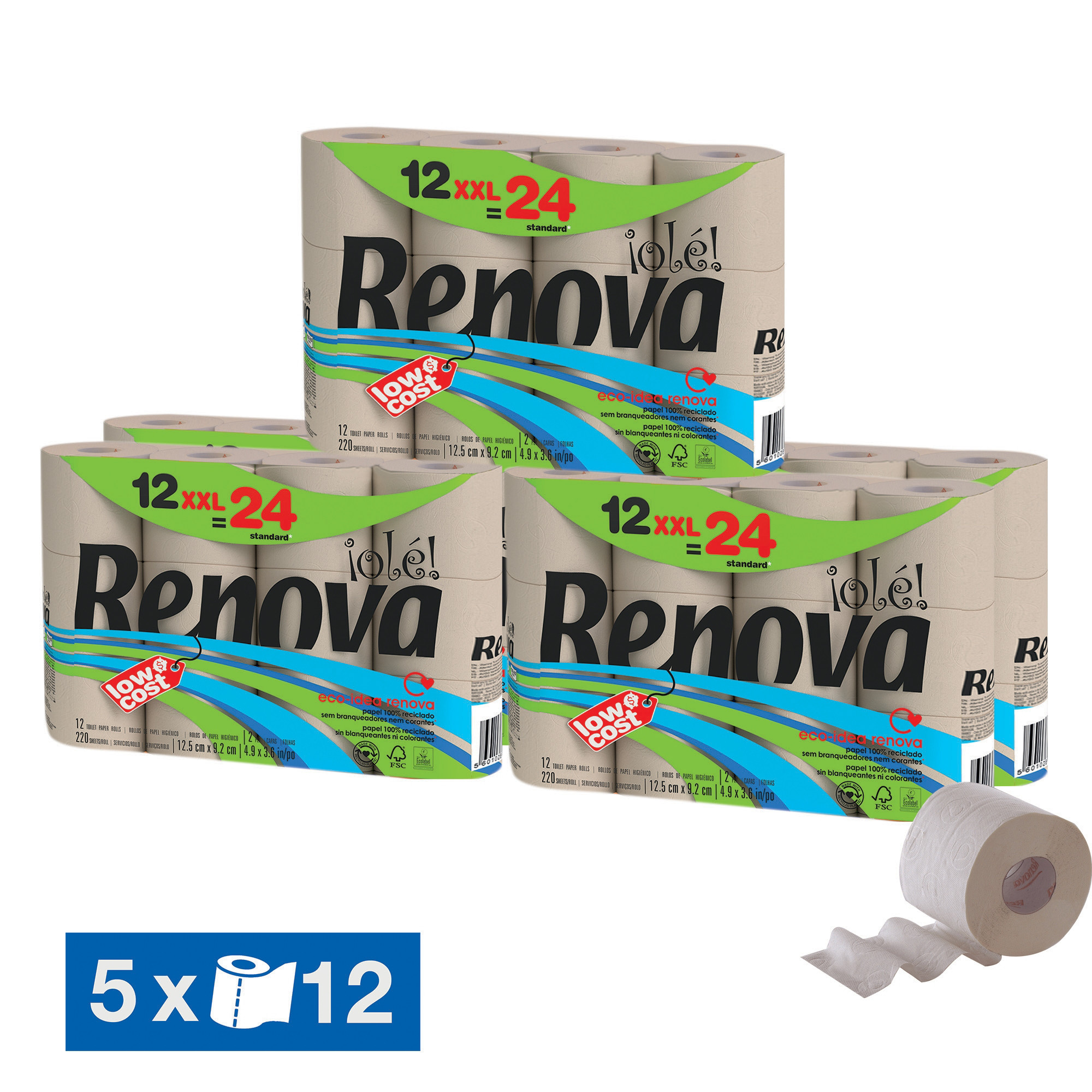 RENOVA Papier toilette Renova Olé XXL 2 épaisseurs, lot de 60 rouleaux