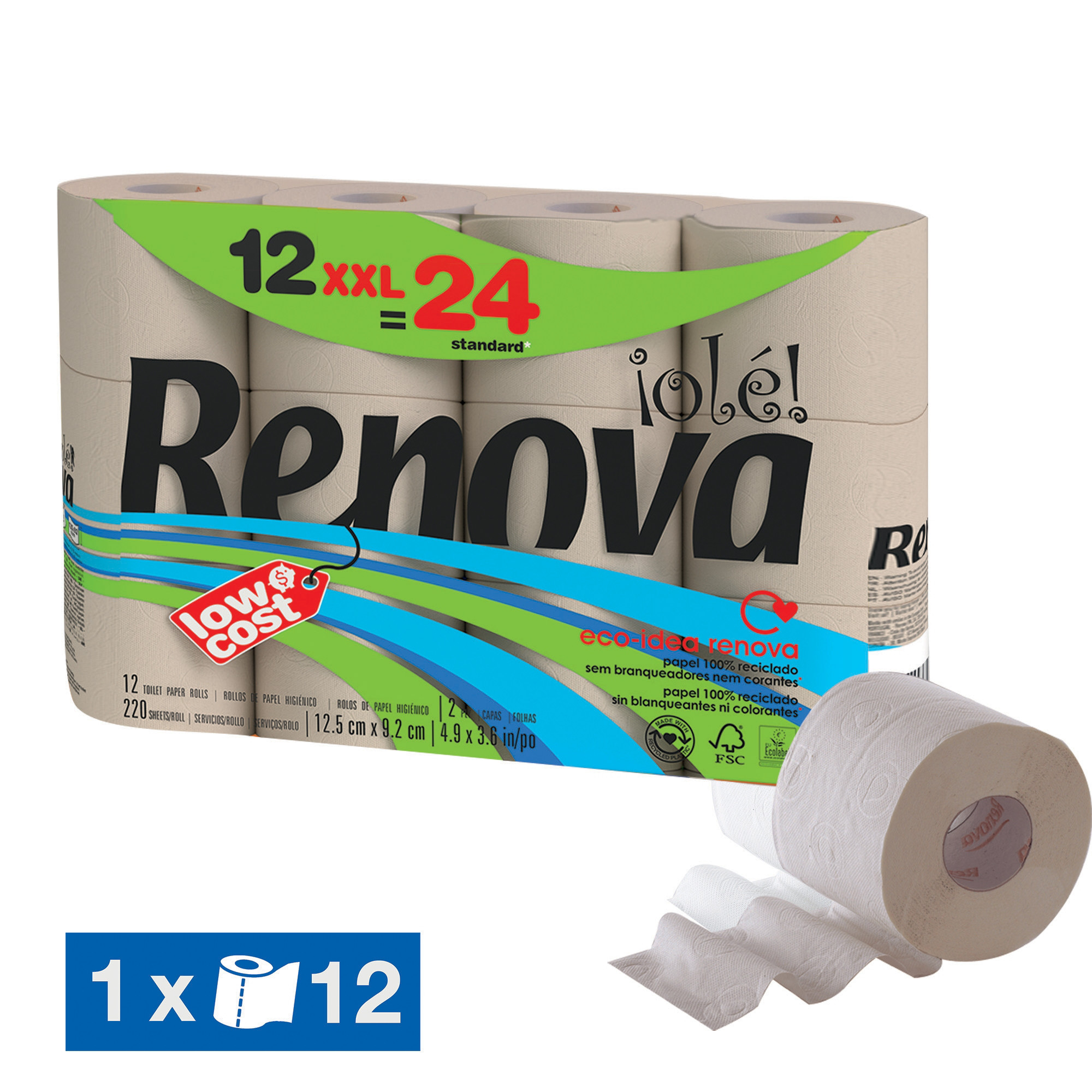 Papier toilette Renova Olé XXL 2 épaisseurs, lot de 12 rouleaux