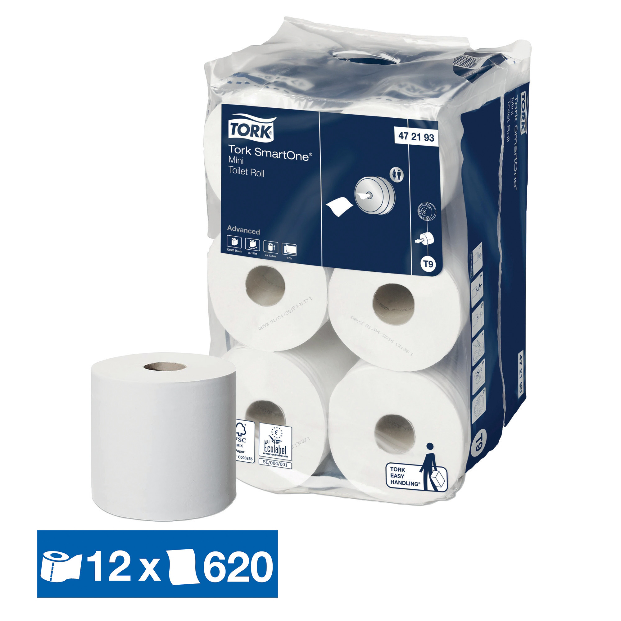 Papier toilette Tork Advanced Smartone 2 épaisseurs, lot de 12 bobines