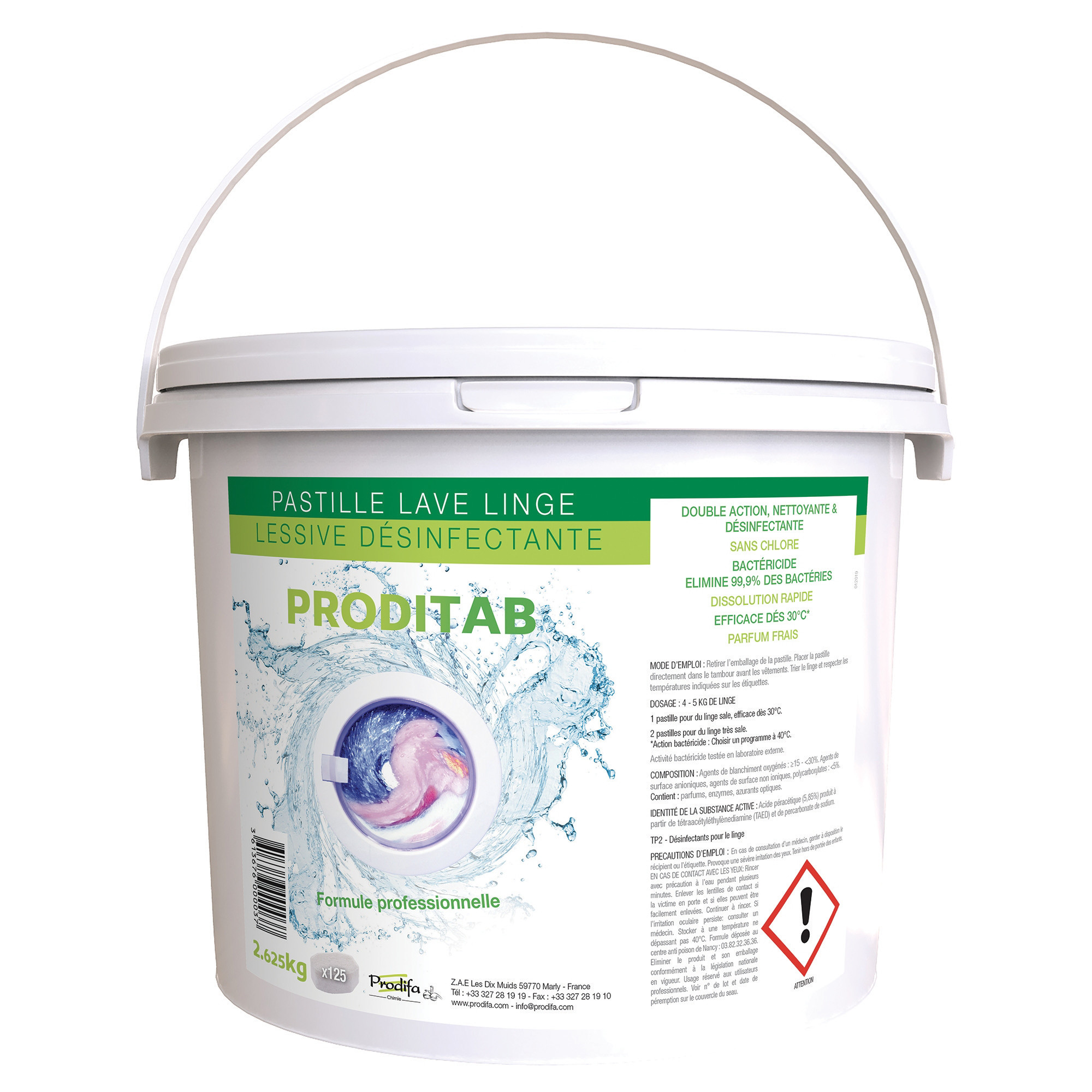 PRODITAB Lessive tablettes désinfectante Proditab, seau de 125