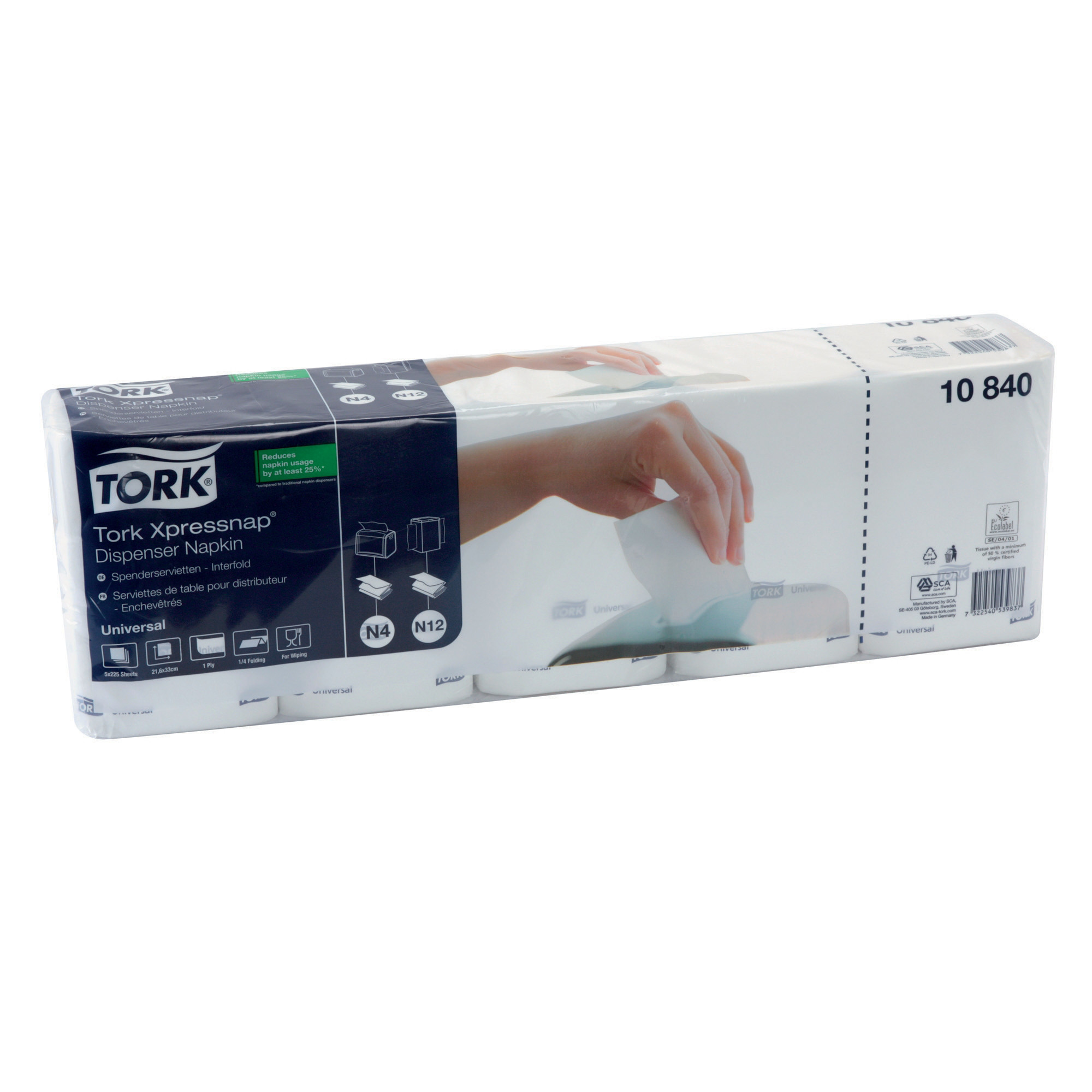 Serviettes snack Universal Tork Xpressnap® N4, pliage 1/4, le paquet de 1125 serviettes