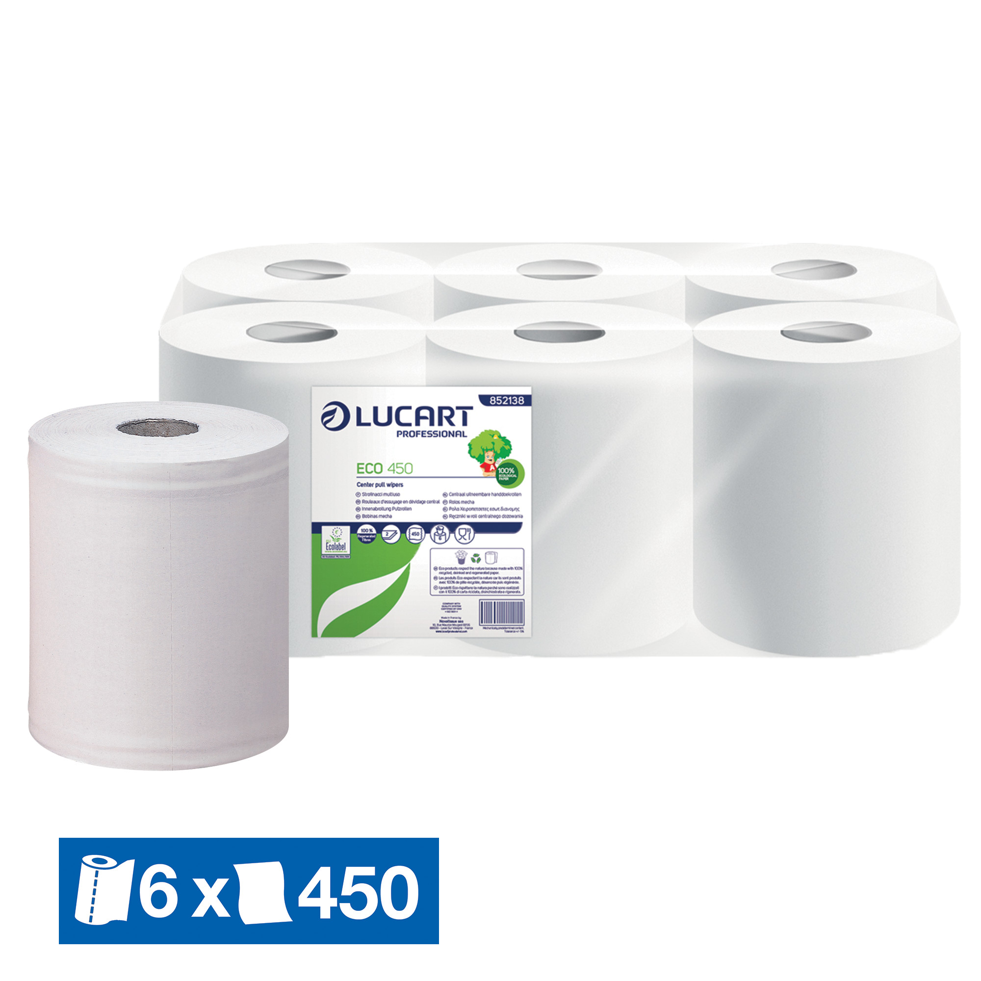 Maxi bobines d'essuyage blanches à dévidage central Lucart Eco 450, lot de 6