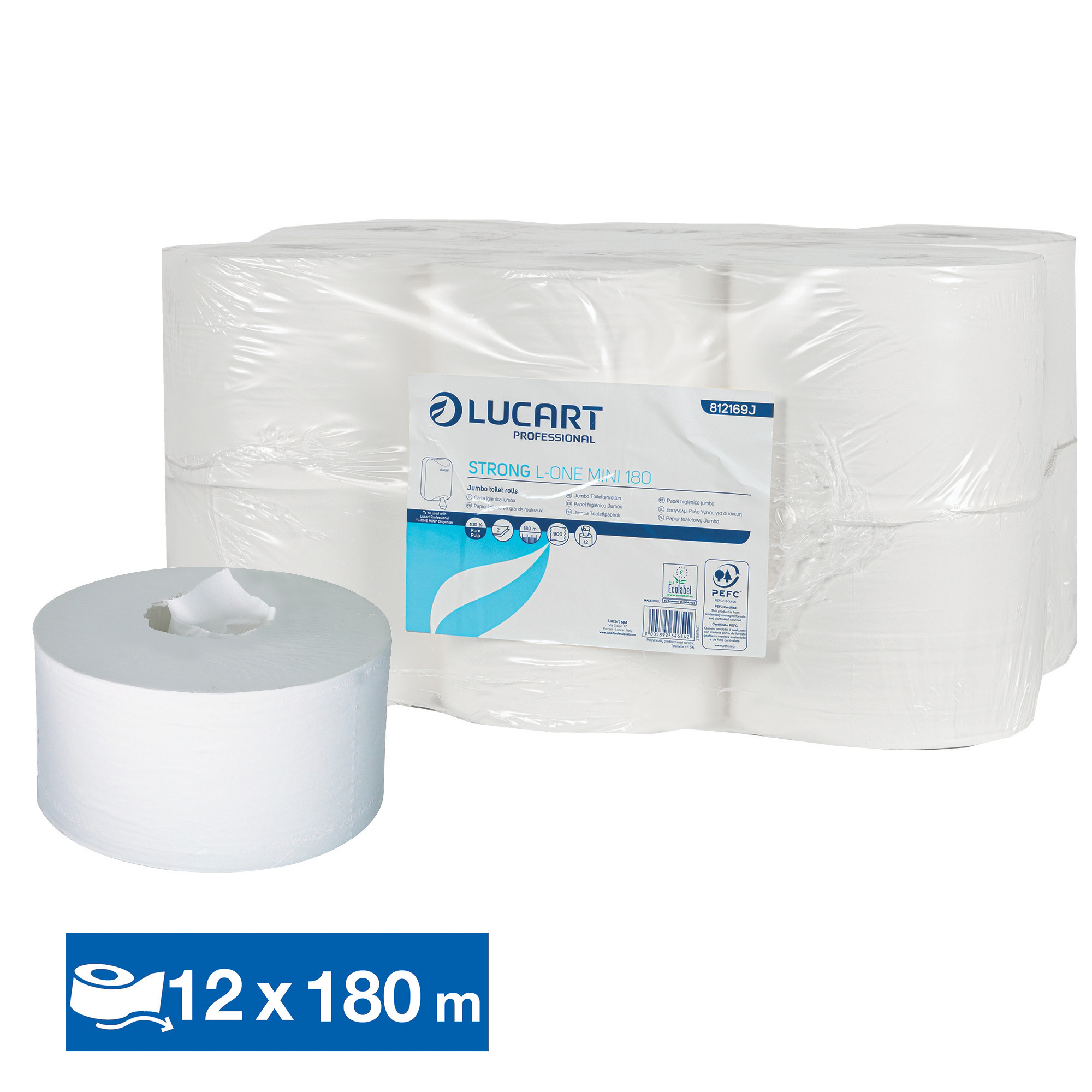 Papier toilette mini jumbo Lucart Strong L-One, lot de 12