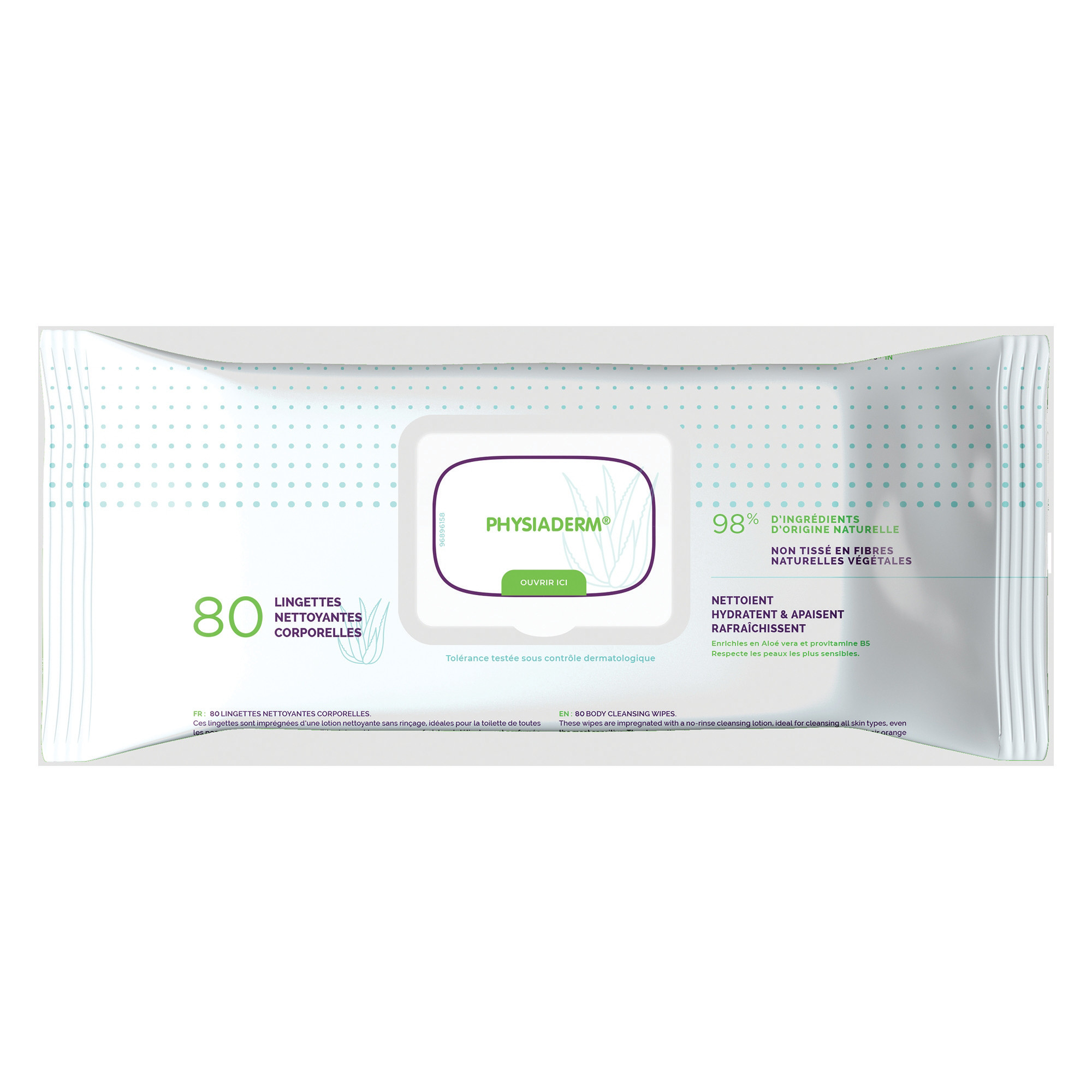 Lingettes nettoyantes corporelles Physiaderm, paquet de 80
