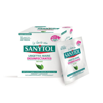 Lingettes individuelles désinfectantes mains Sanytol thé vert, étui de 12