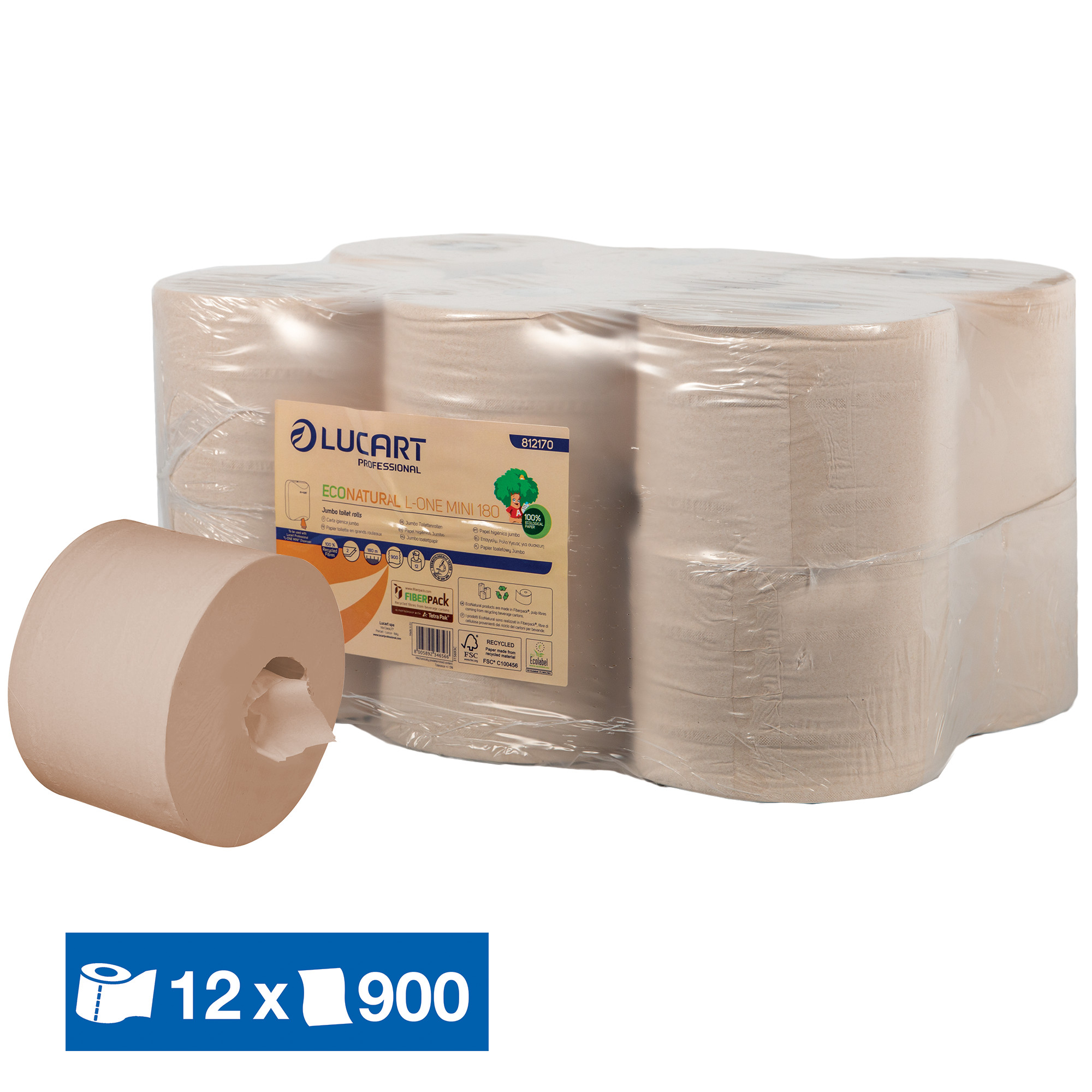 Papier toilette mini jumbo Lucart EcoNatural L-One, lot de 12