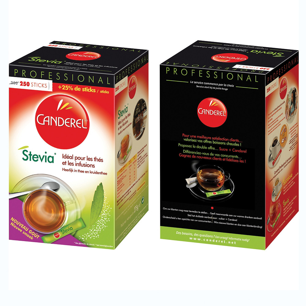 CANDEREL Edulcorant en poudre Stevia Canderel, bote distributrice de 250 sticks
