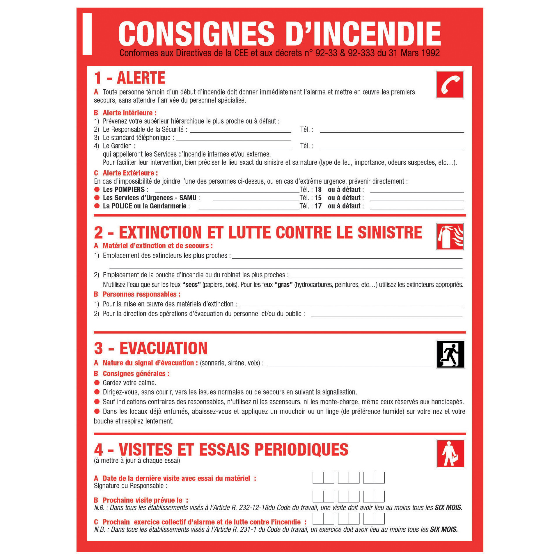 Panneau consignes d'incendie 40 x 30 cm polystyrène choc
