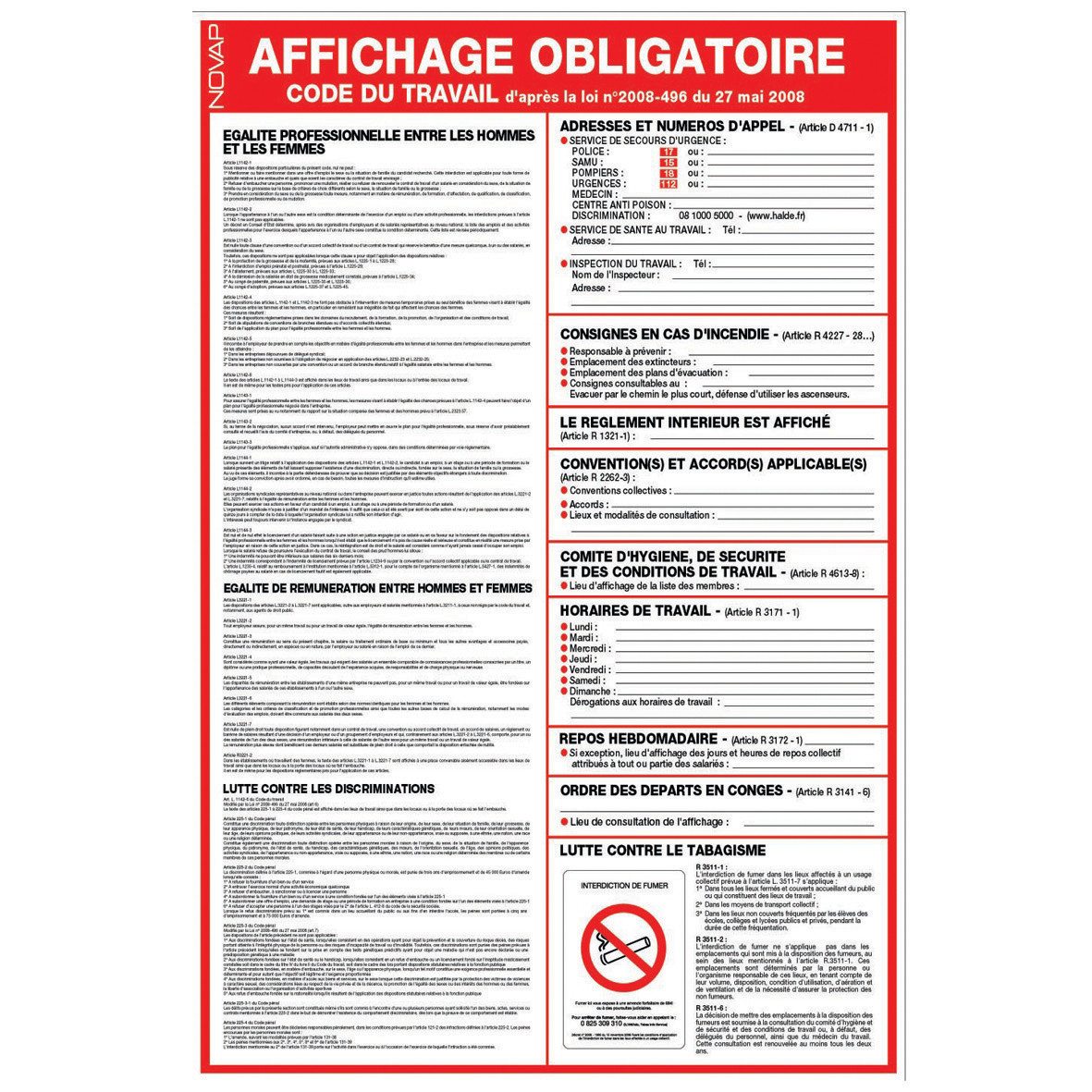 Panneau affichage obligatoire du Code du travail 40 x 60 cm polystyrène choc